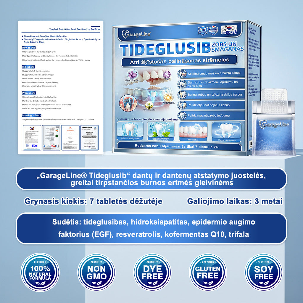 GarageLine®🦷 „Tideglusib“ dantų ir dantenų „NanoRepair“ tirpios balinančios juostelės 🐟(Padeda atkurti dantų audinius ir sumažinti dantenų diskomfortą bei kitas dažnas burnos ertmės problemas)🍲