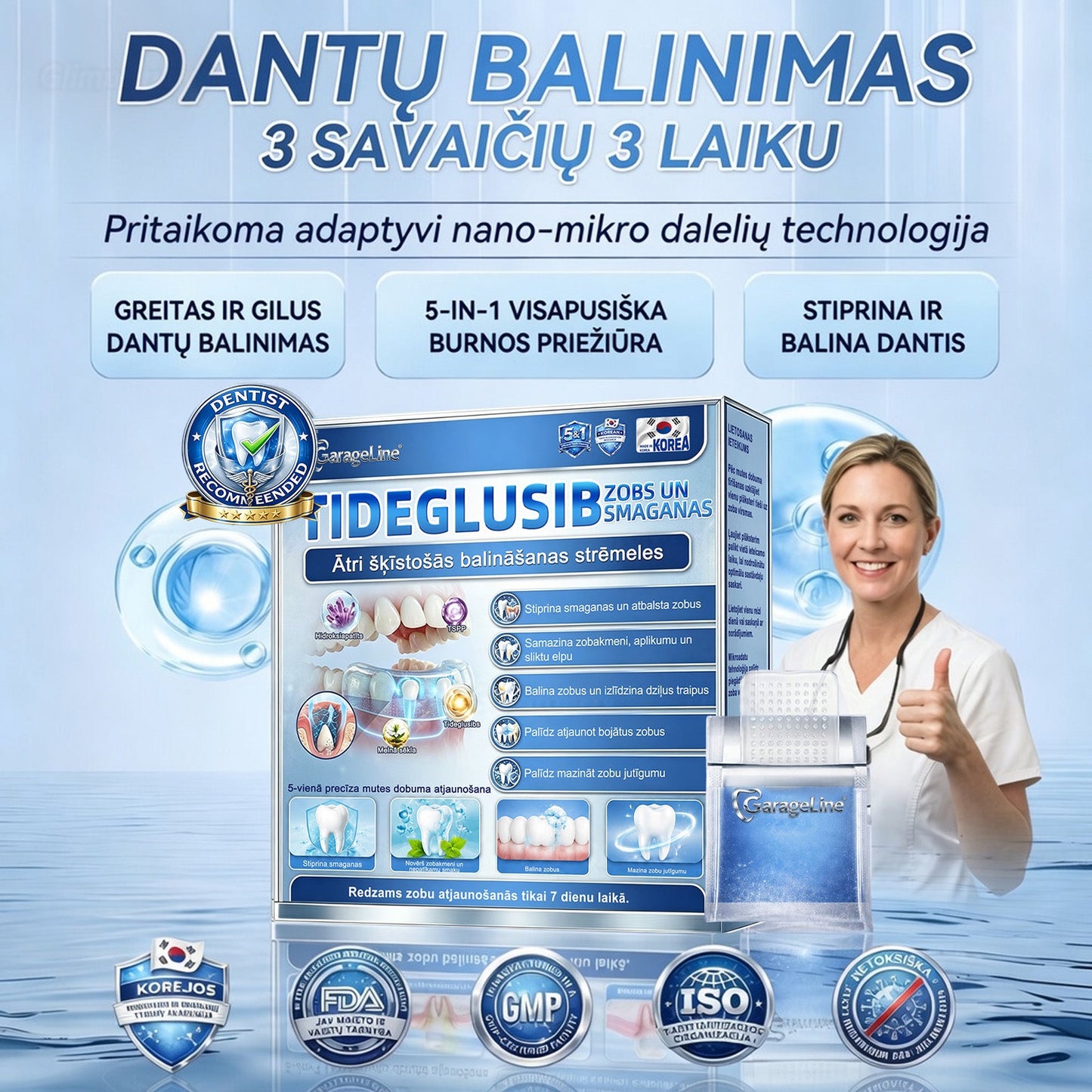 GarageLine®🦷 „Tideglusib“ dantų ir dantenų „NanoRepair“ tirpios balinančios juostelės ✨ (Padeda atkurti dantų audinius ir sumažinti dantenų diskomfortą bei kitas dažnas burnos ertmės problemas)