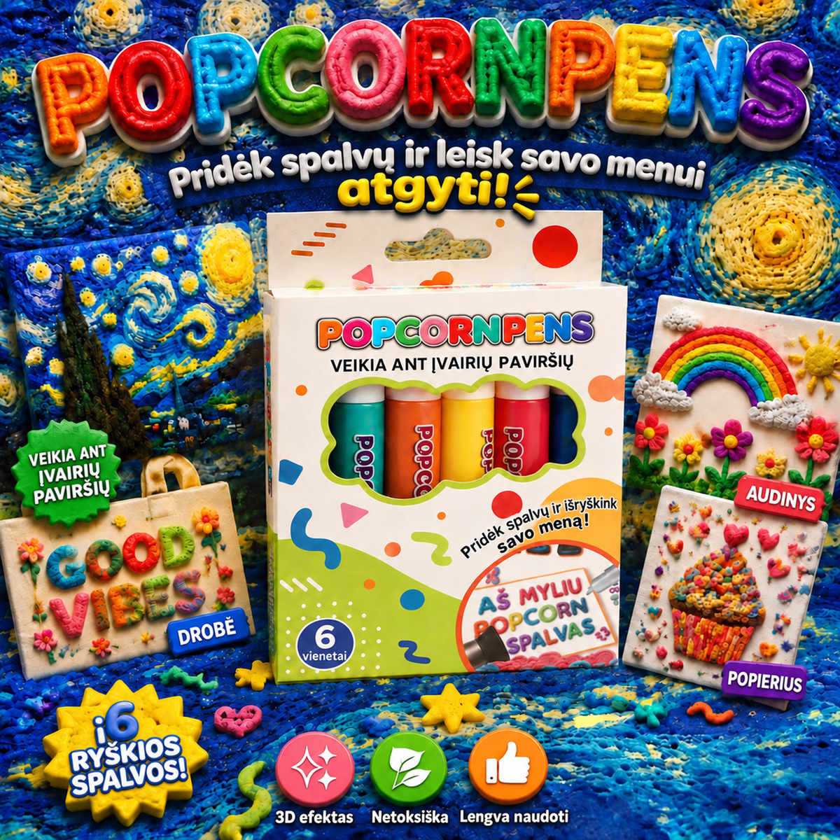 IEY Popcorn Pens 3D reljefo meno rašikliai