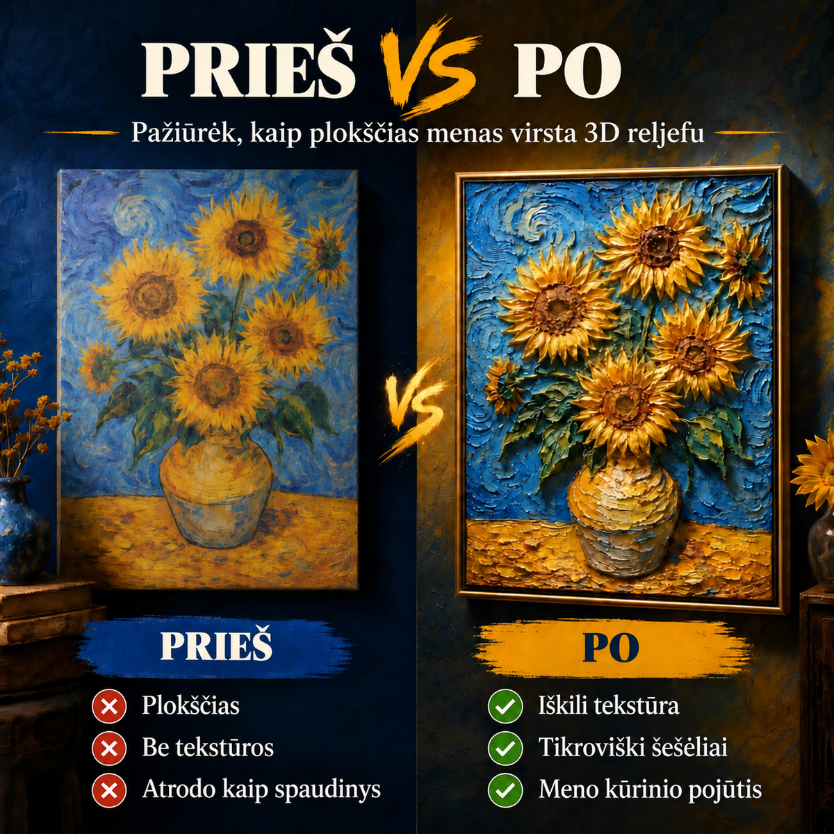 Menas prieš ir po 3D reljefo sukūrimo